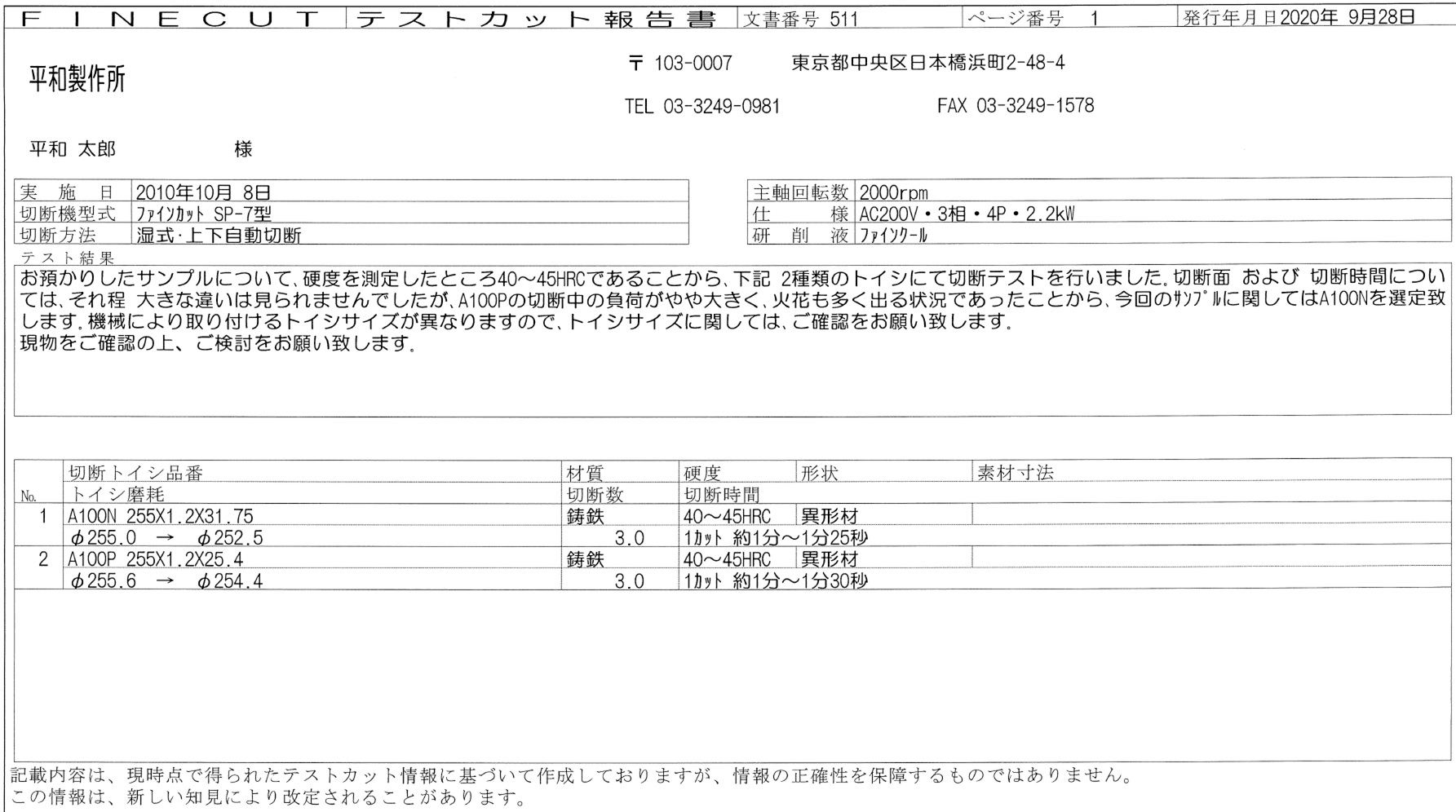 テストカット報告書